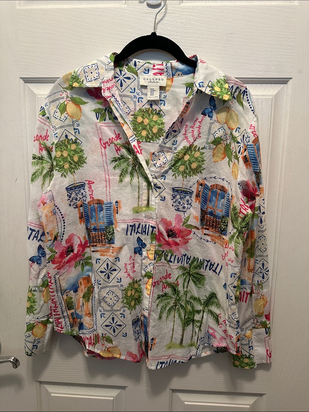 Calypso St. Barth White Tropical Motif Button-Down Shirt Cotton Size M